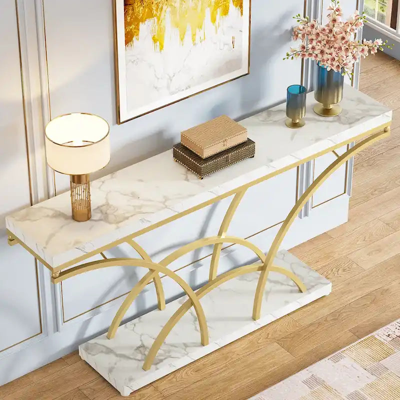 70.9 Inch Console Table with Gold Legs and Faux Marble Top