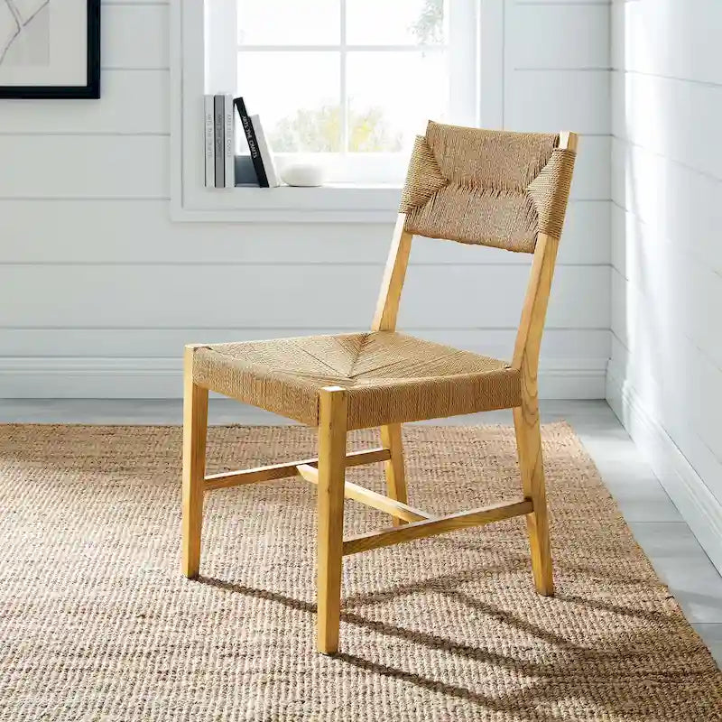 Coastal Farmhouse Elm Wood Dining Chair with Woven Rope Seat