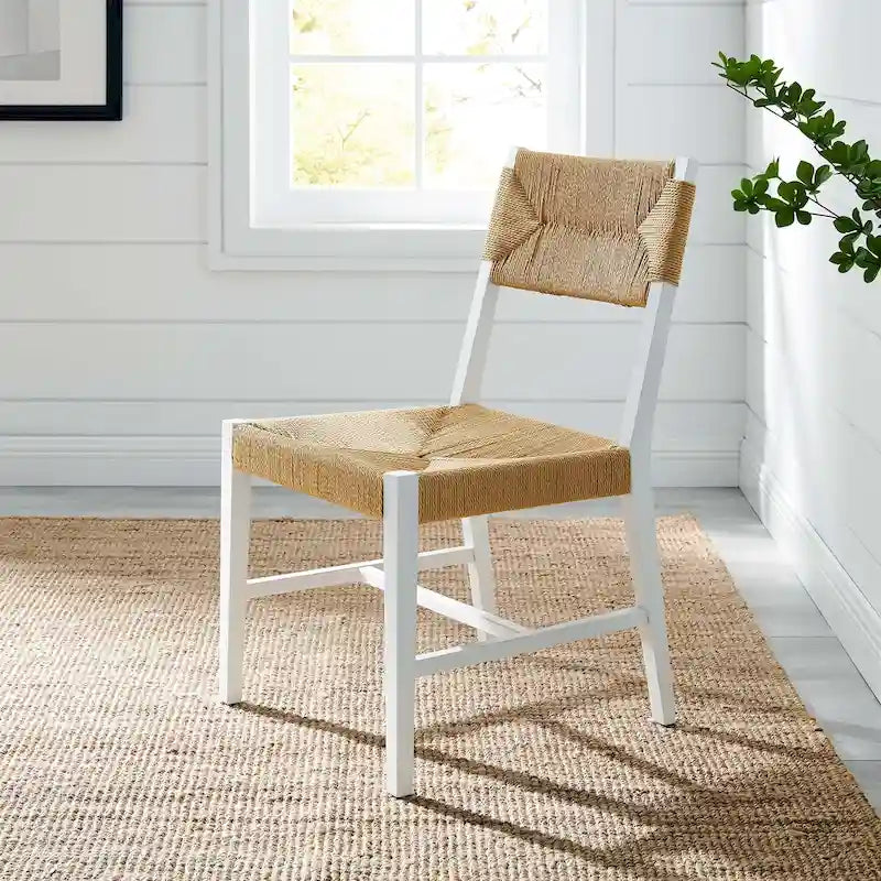 Coastal Farmhouse Elm Wood Dining Chair with Woven Rope Seat