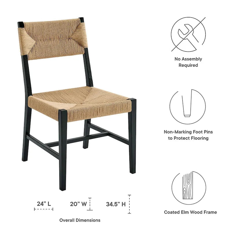 Coastal Farmhouse Elm Wood Dining Chair with Woven Rope Seat