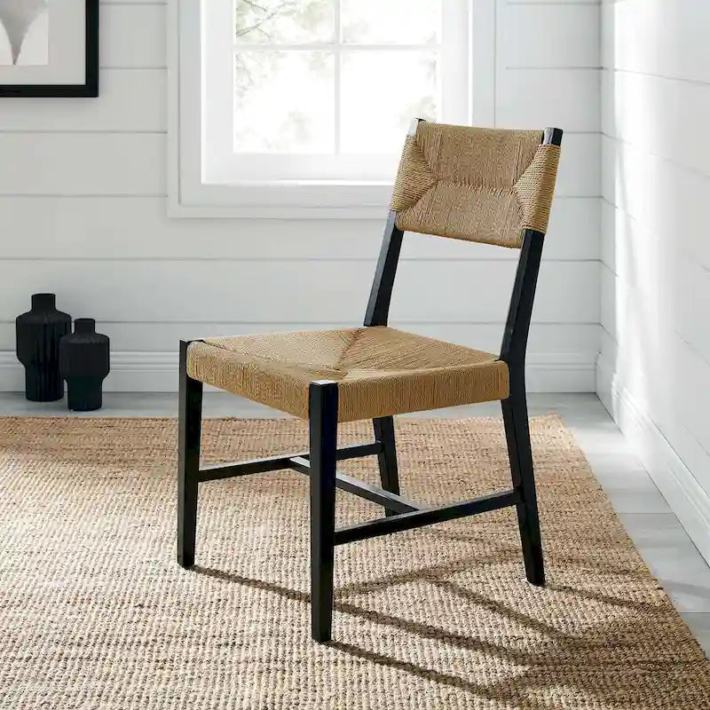 Chaise de salle à manger en bois d'orme de style ferme côtier avec assise en corde tressée