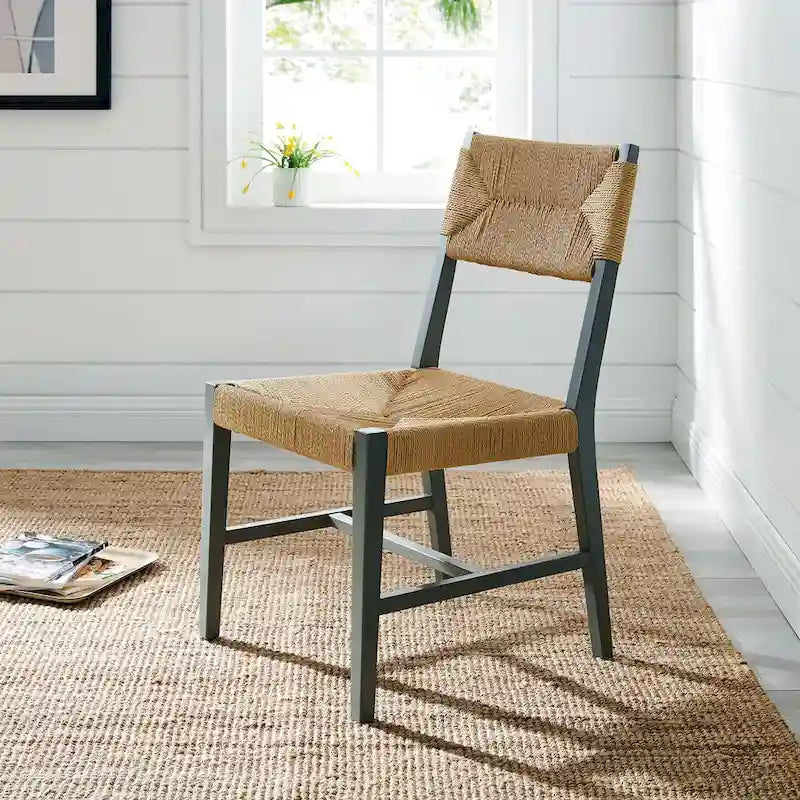 Chaise de salle à manger en bois d'orme de style ferme côtier avec assise en corde tressée