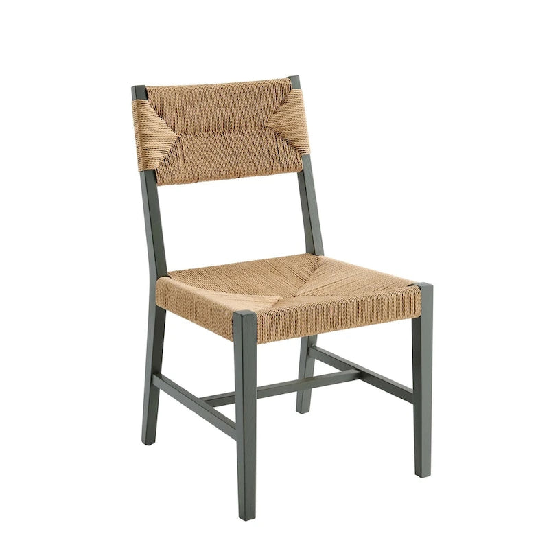 Chaise de salle à manger en bois d'orme de style ferme côtier avec assise en corde tressée
