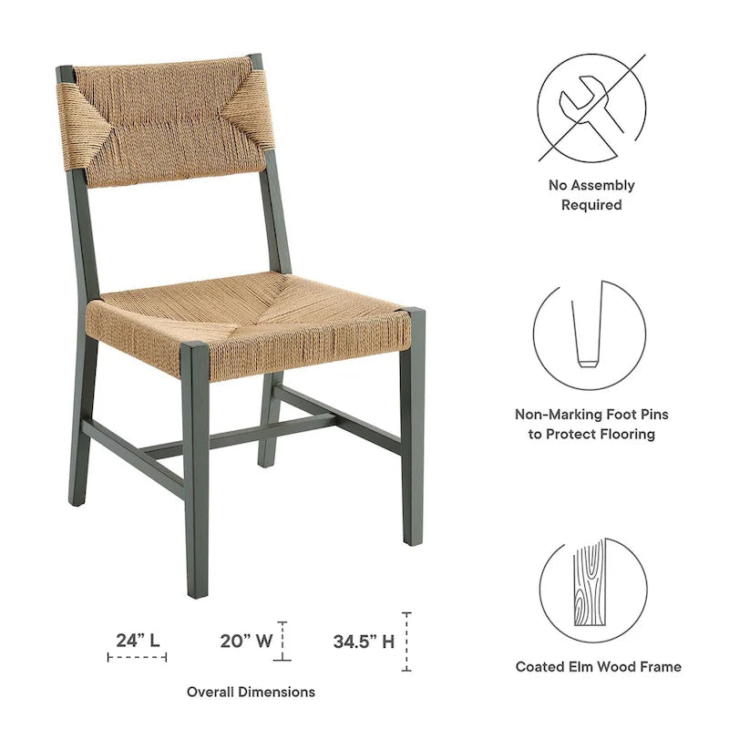 Chaise de salle à manger en bois d'orme de style ferme côtier avec assise en corde tressée