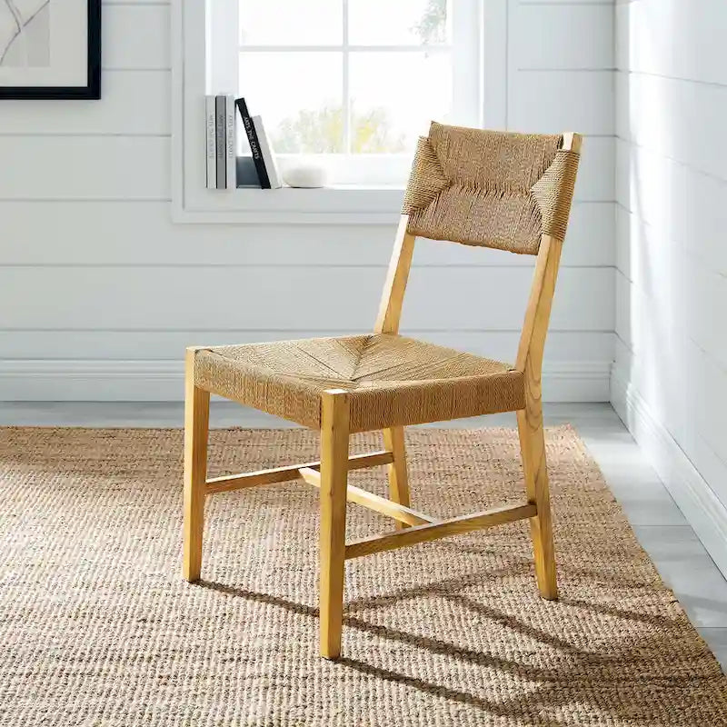 Chaise de salle à manger en bois d'orme de style ferme côtier avec assise en corde tressée