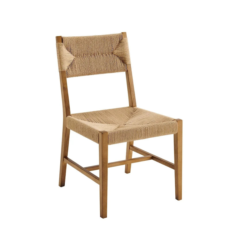 Chaise de salle à manger en bois d'orme de style ferme côtier avec assise en corde tressée