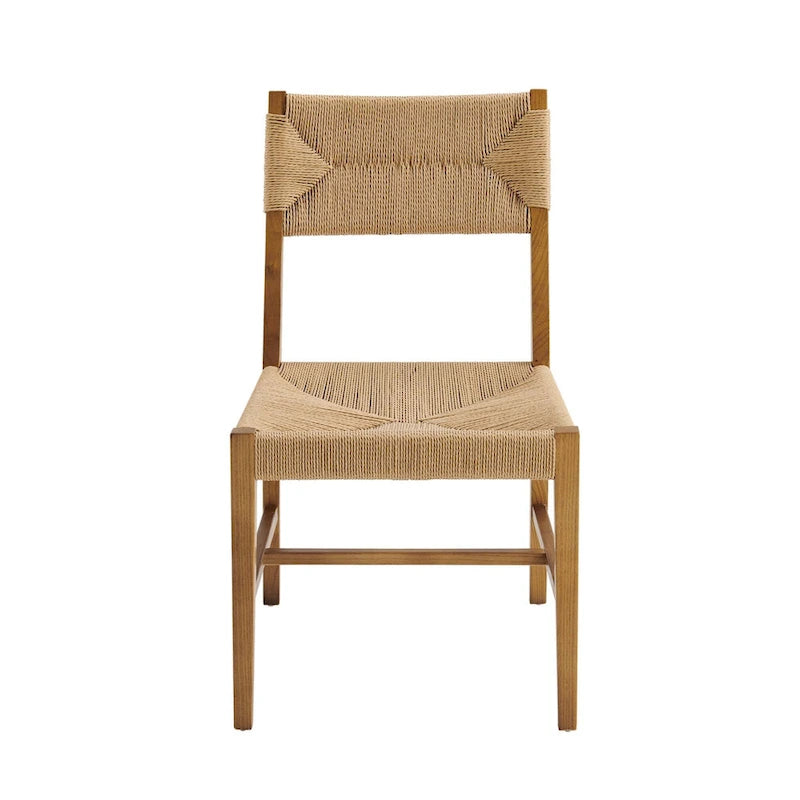 Chaise de salle à manger en bois d'orme de style ferme côtier avec assise en corde tressée