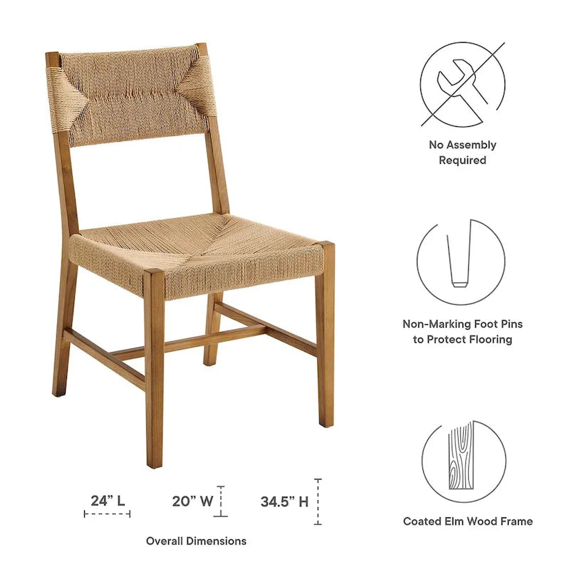 Chaise de salle à manger en bois d'orme de style ferme côtier avec assise en corde tressée