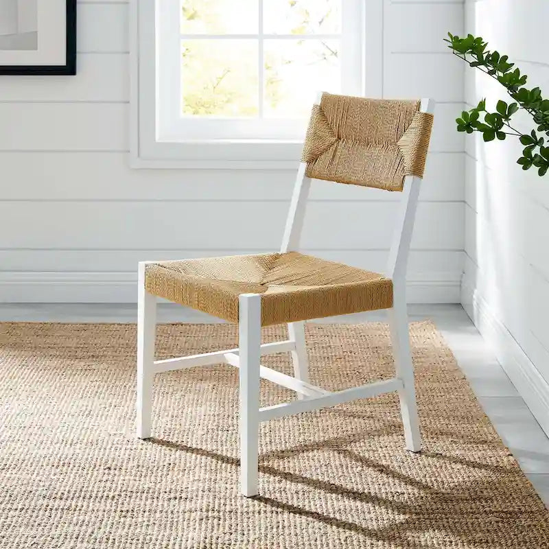 Chaise de salle à manger en bois d'orme de style ferme côtier avec assise en corde tressée