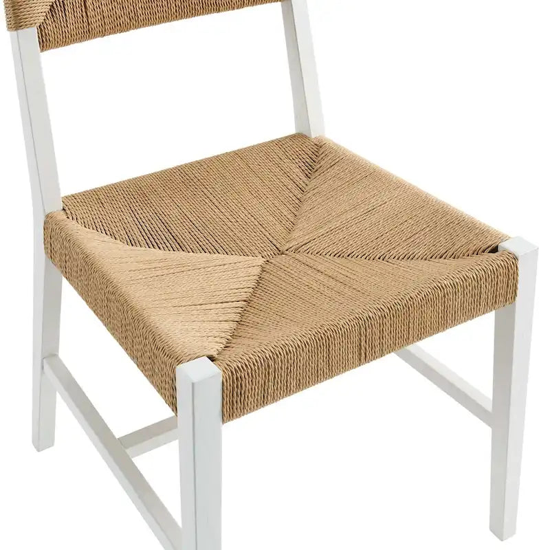 Chaise de salle à manger en bois d'orme de style ferme côtier avec assise en corde tressée