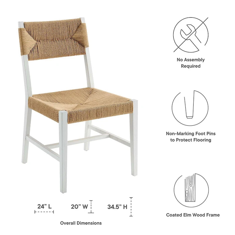 Chaise de salle à manger en bois d'orme de style ferme côtier avec assise en corde tressée