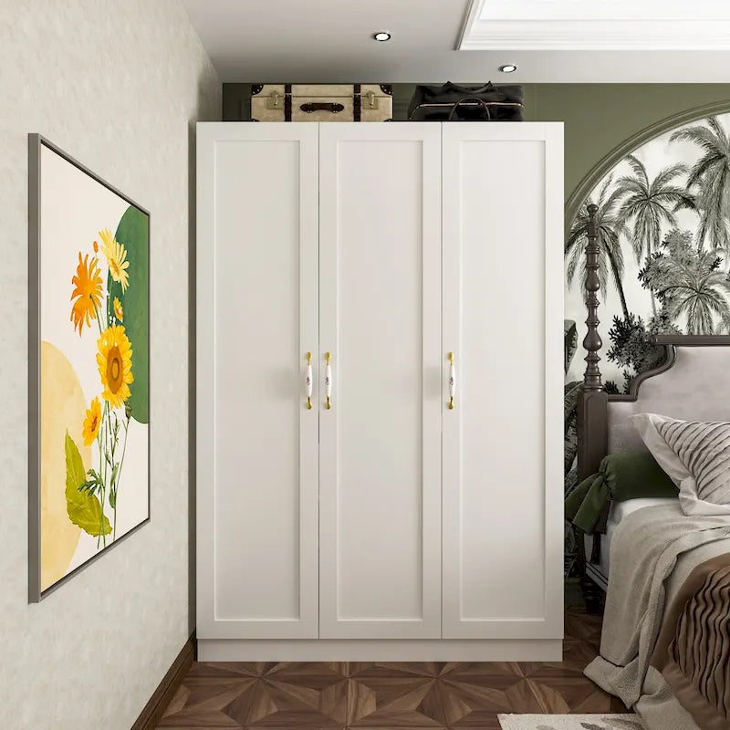 47.2W Armoire with Three Doors, Two Clothes Rods, Golden Floral Handle