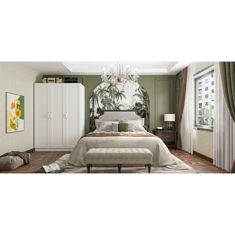 Armário de 47.2W com três portas, duas barras para roupa e puxador floral dourado