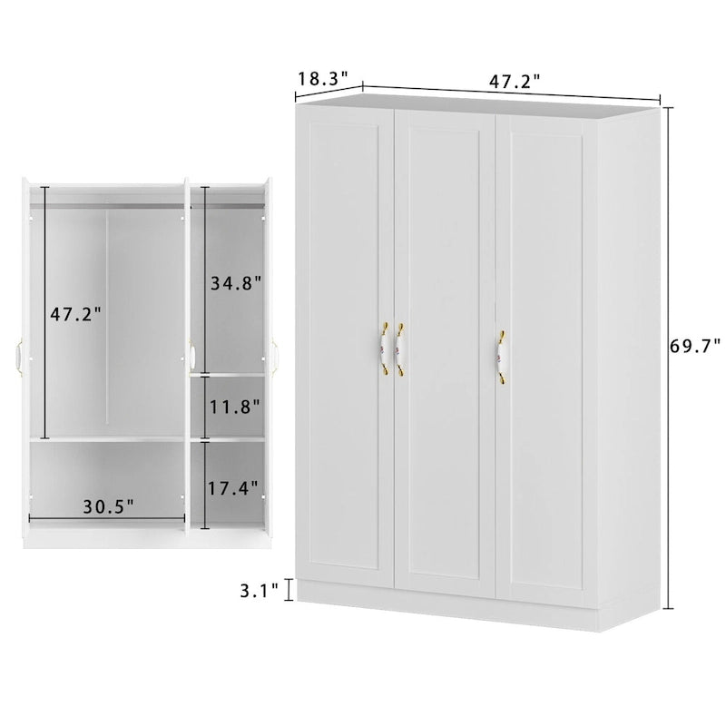 Armário de 47.2W com três portas, duas barras para roupa e puxador floral dourado