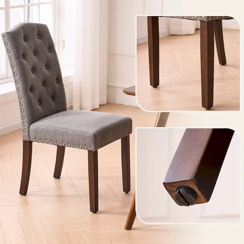 Fabric Upholstered Tufted High Back Dining Chairs with Nailhead Trim Set of 2