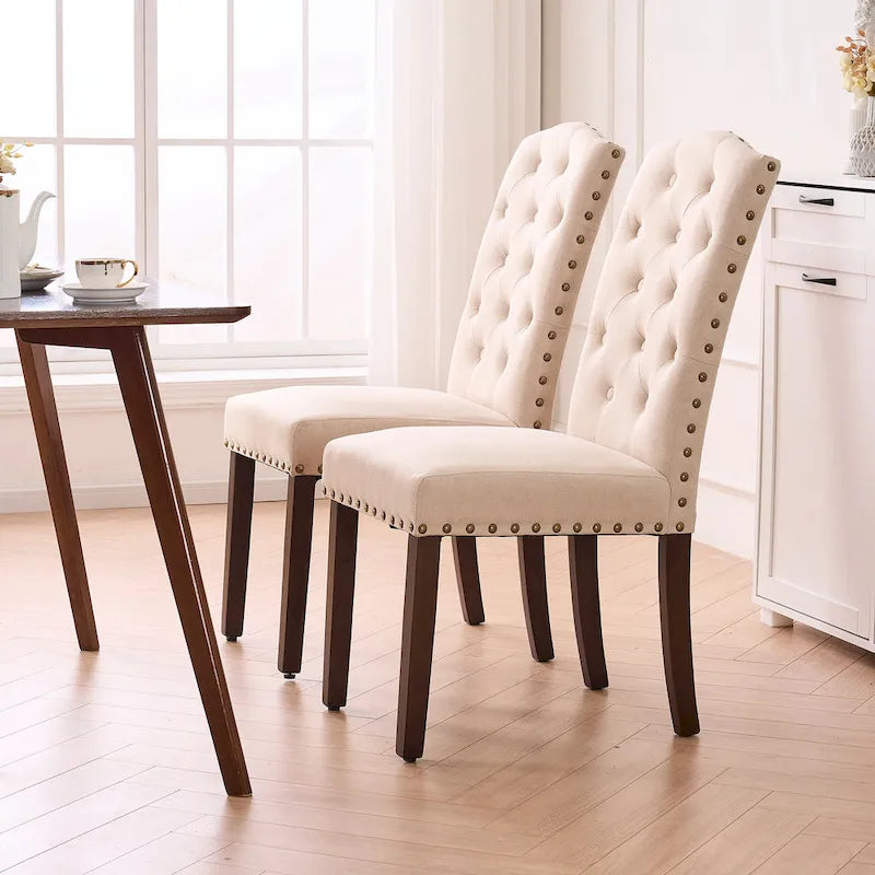 Fabric Upholstered Tufted High Back Dining Chairs with Nailhead Trim Set of 2