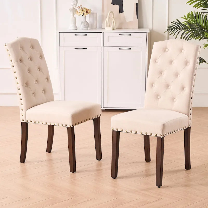 Fabric Upholstered Tufted High Back Dining Chairs with Nailhead Trim Set of 2