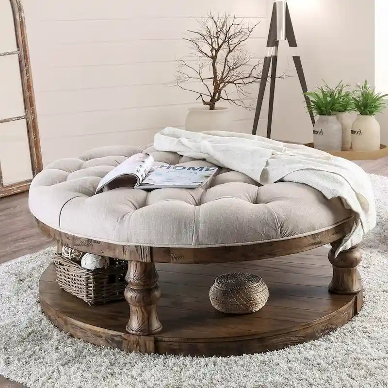 Rustic 48-Inch Round Coffee Table with Button-Tufted Top