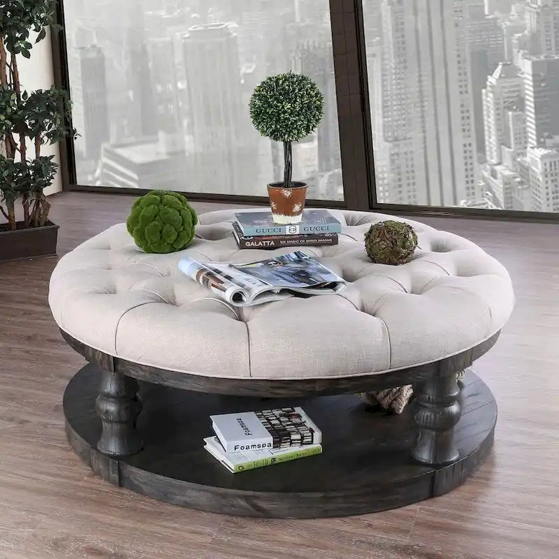 Rustic 48-Inch Round Coffee Table with Button-Tufted Top