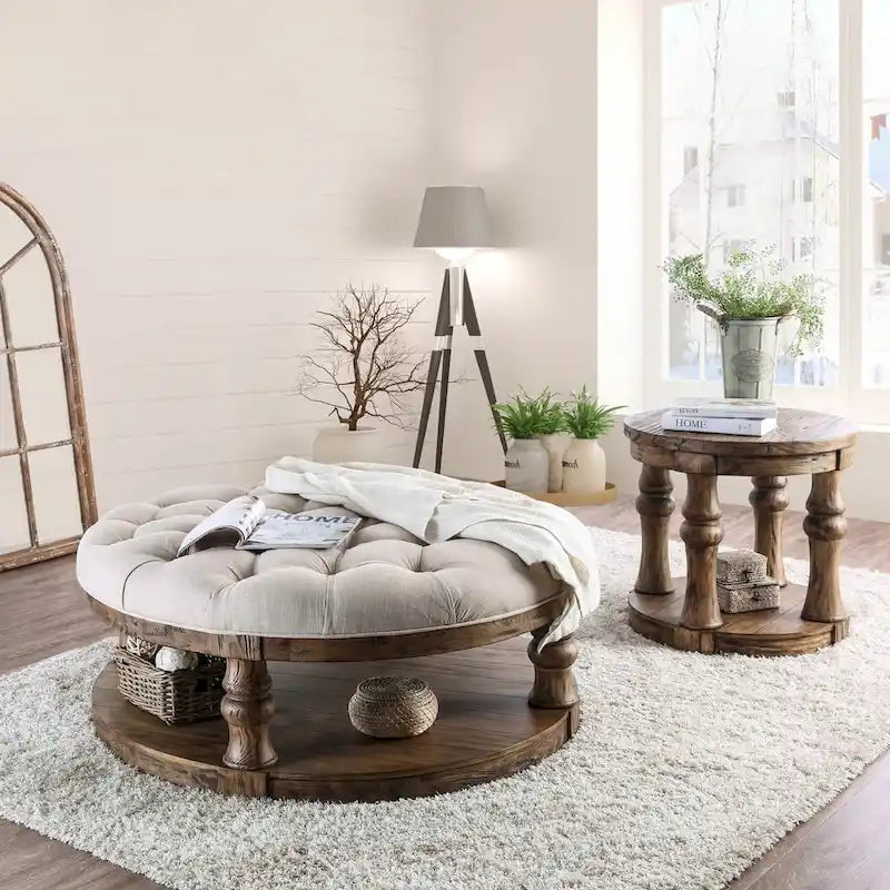 Rustic 48-Inch Round Coffee Table with Button-Tufted Top