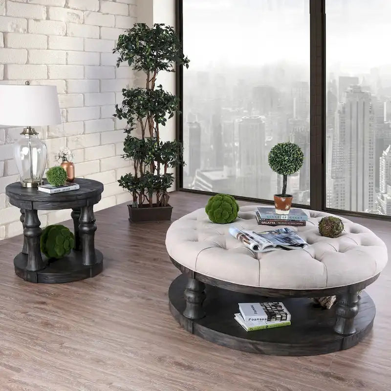 Rustic 48-Inch Round Coffee Table with Button-Tufted Top