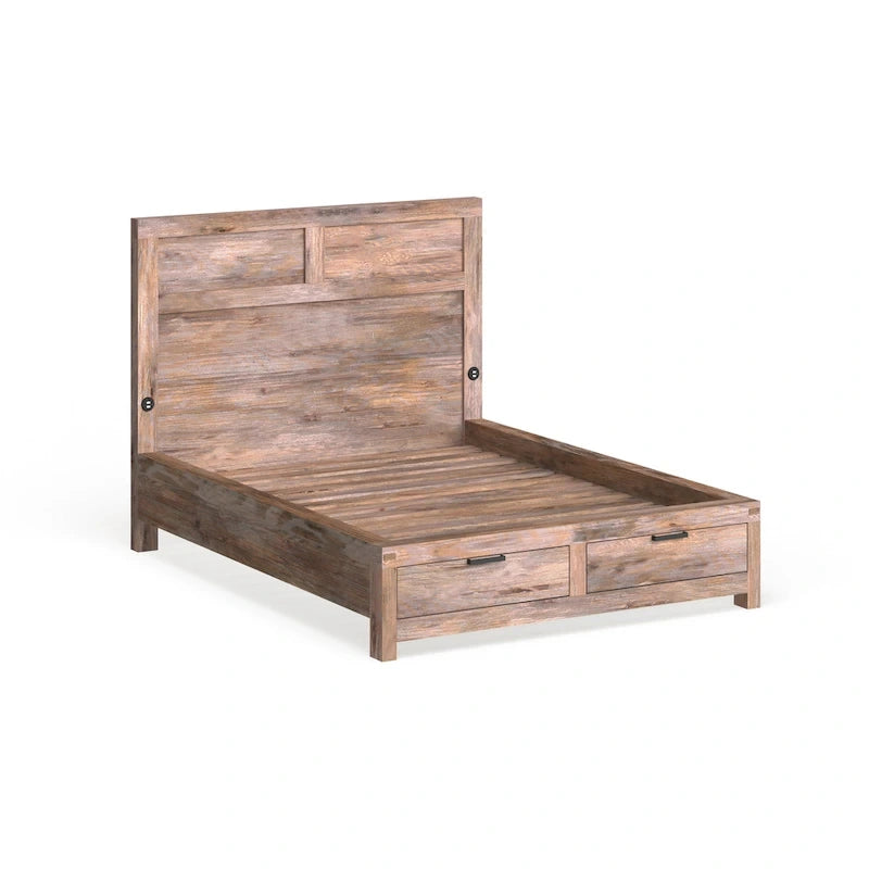Rustic Wood 2-Drawer Storage Bed with USB Headboard