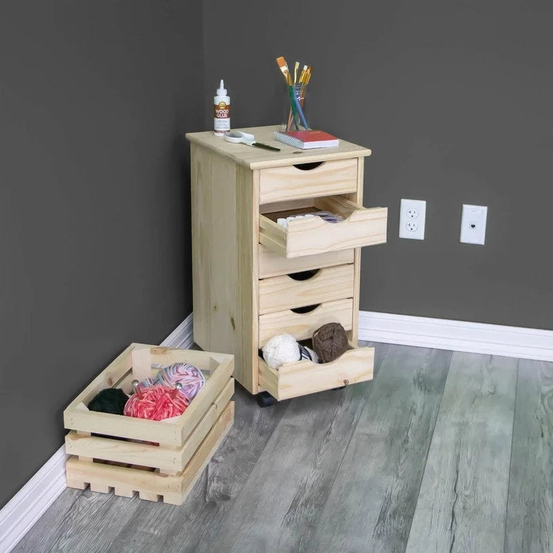 Pojízdný vozík z masivního dřeva se 6 zásuvkami, v surovém provedení