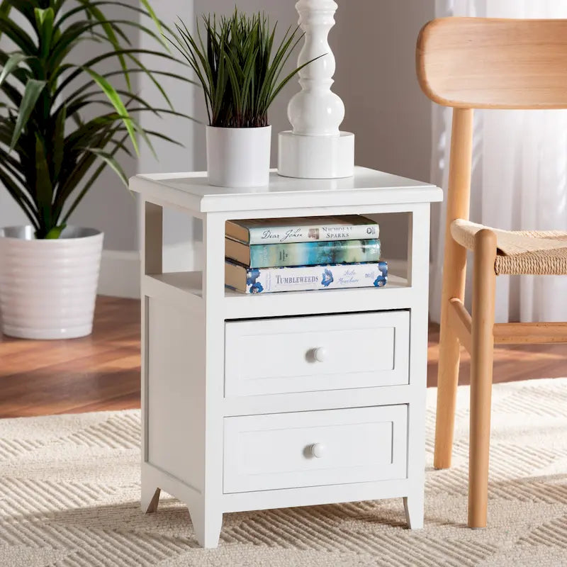 Modern White Finished Wood 2-Drawer End Table