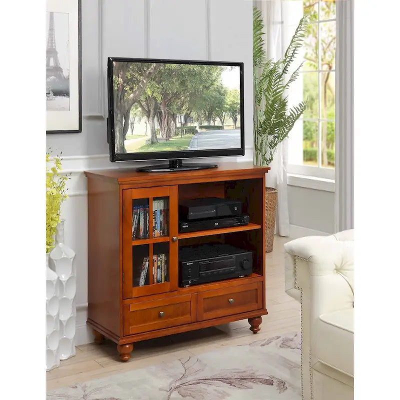 Highboy-TV-Ständer 40" mit 2 Schubladen, Aufbewahrungsschrank und Regalen