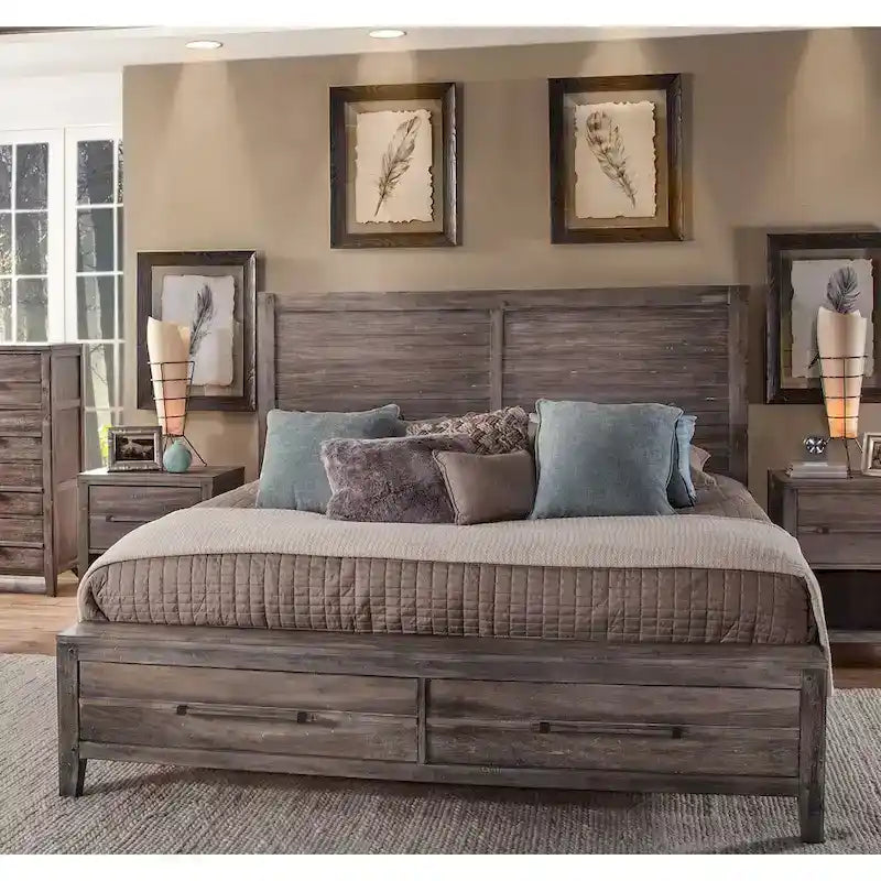 Rustic Panel Storage Bed with Footboard Drawers