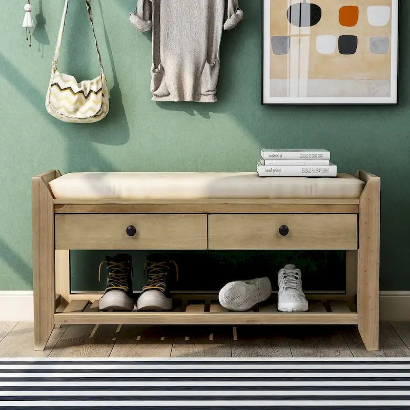 Shoe Rack with Cushioned Seat and Drawers, Multipurpose Entryway Storage Bench