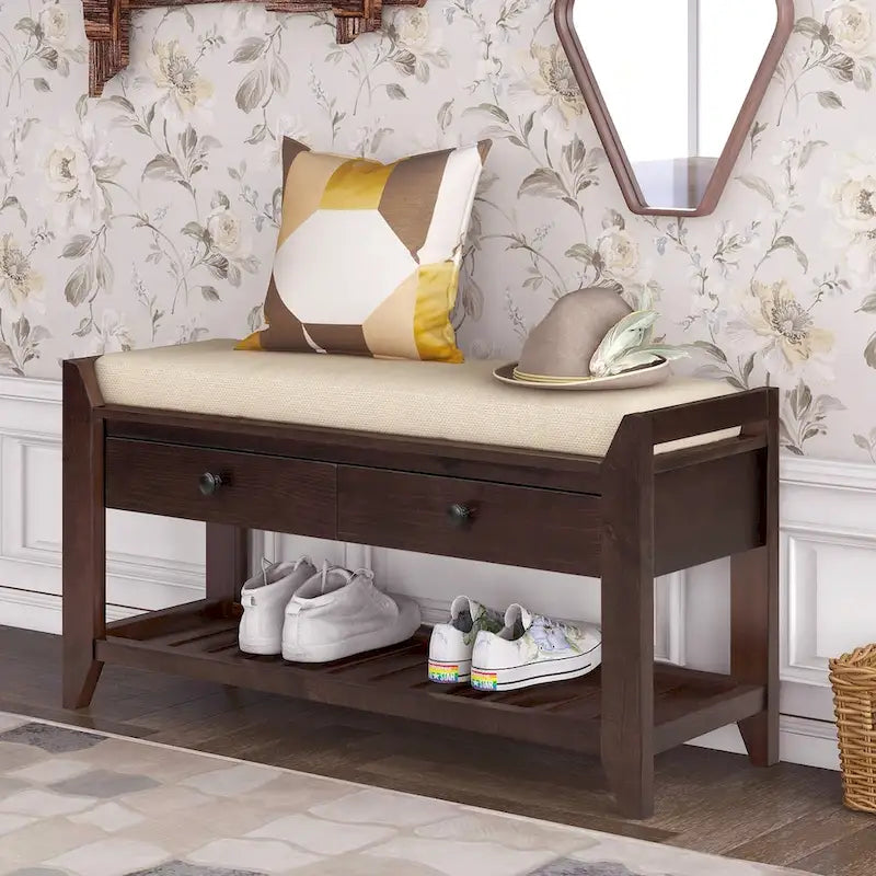 Shoe Rack with Cushioned Seat and Drawers, Multipurpose Entryway Storage Bench