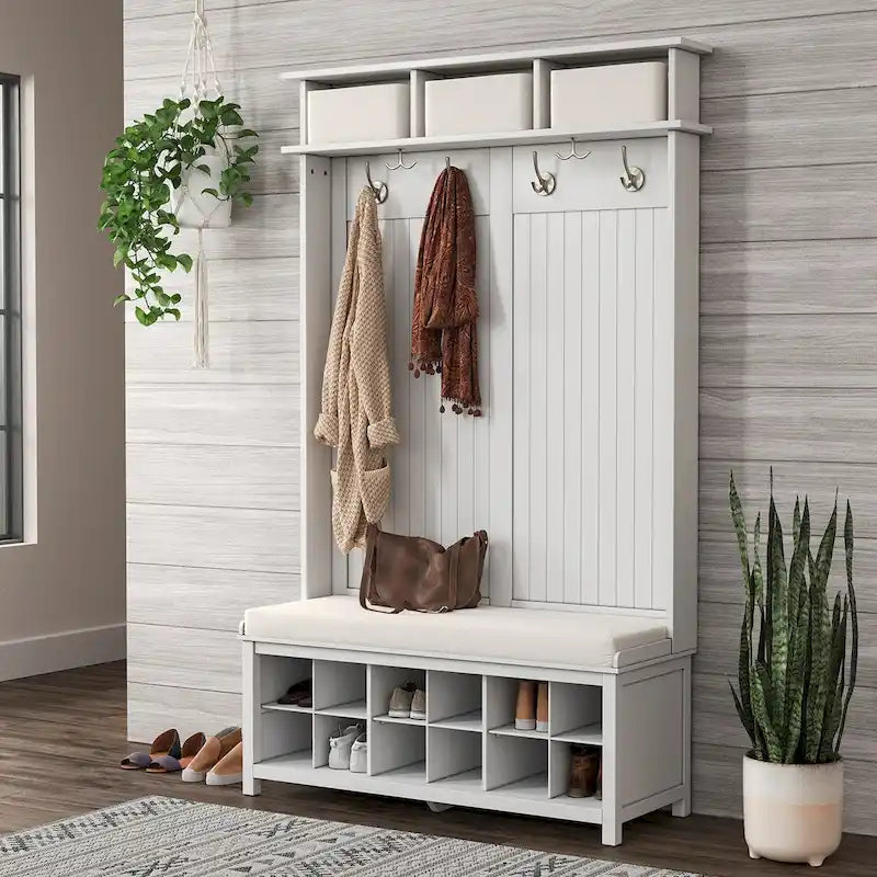 Solid Wood Hall Tree with Shoe Storage Bench