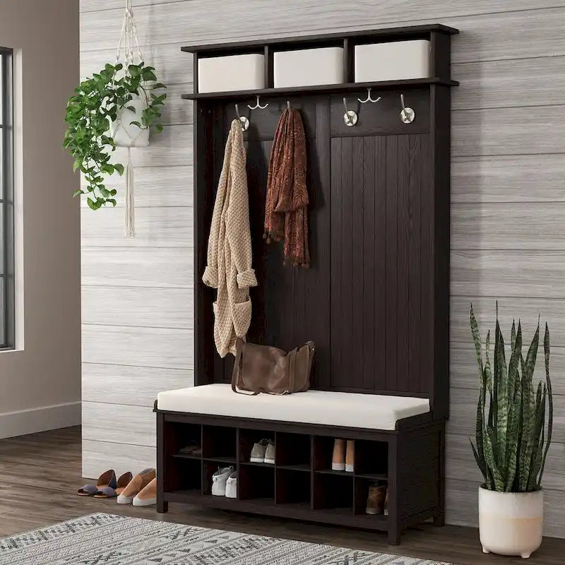 Solid Wood Hall Tree with Shoe Storage Bench