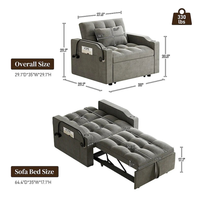 3-in-1 Multi-Functional Convertible Single Sleeper Sofa Bed
