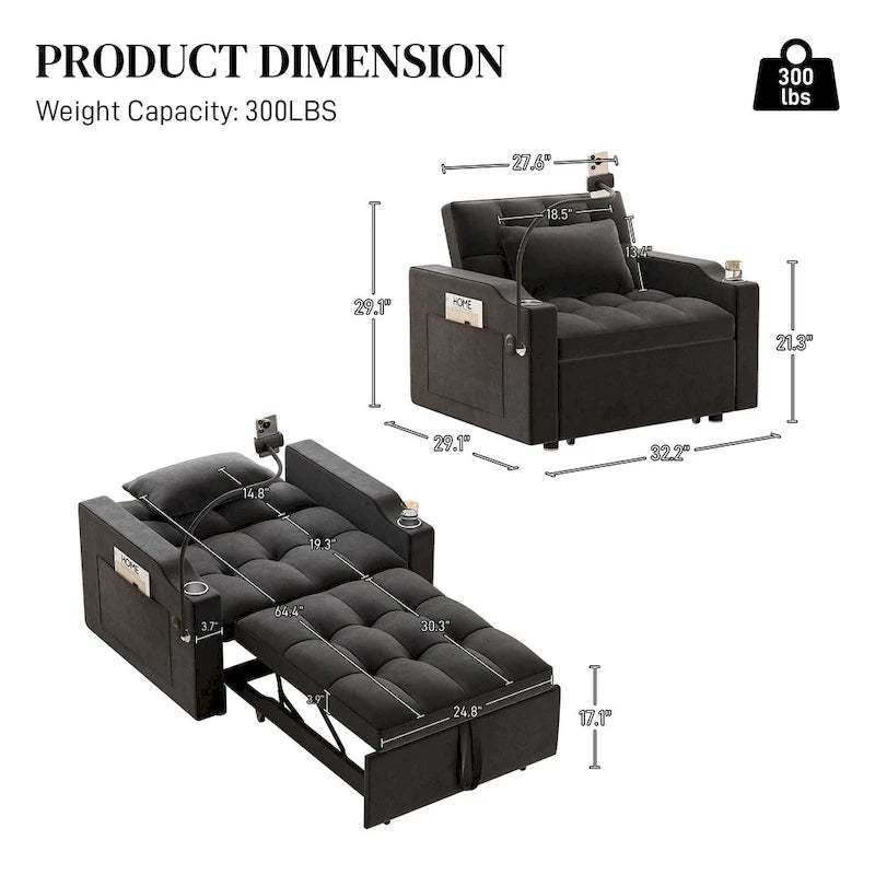 3-in-1 Multi-Functional Convertible Single Sleeper Sofa Bed