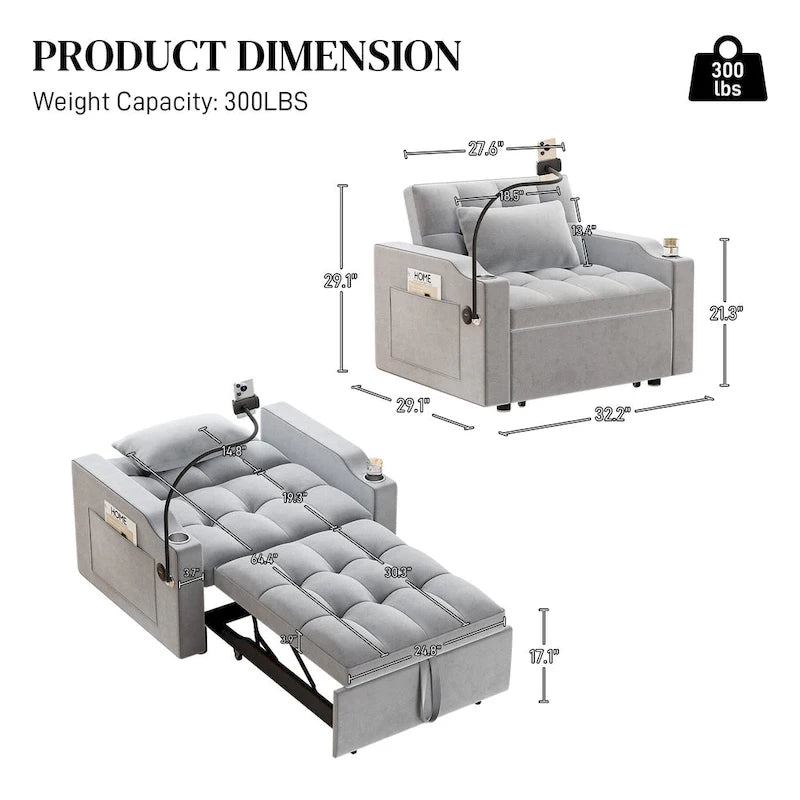 3-in-1 Multi-Functional Convertible Single Sleeper Sofa Bed