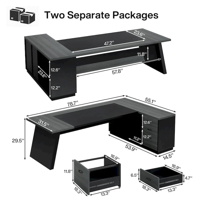 78.7-Inch L-Shaped Executive Desk Computer Desk with File Cabinet
