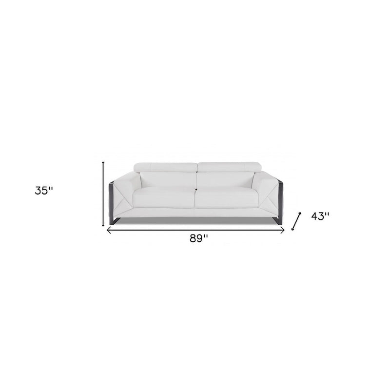 89" White Italian Leather Sofa with Silver Legs - 35H x 89W x 43D
