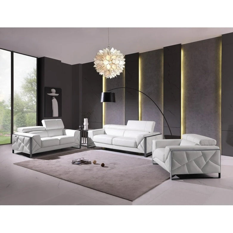 89" White Italian Leather Sofa with Silver Legs - 35H x 89W x 43D