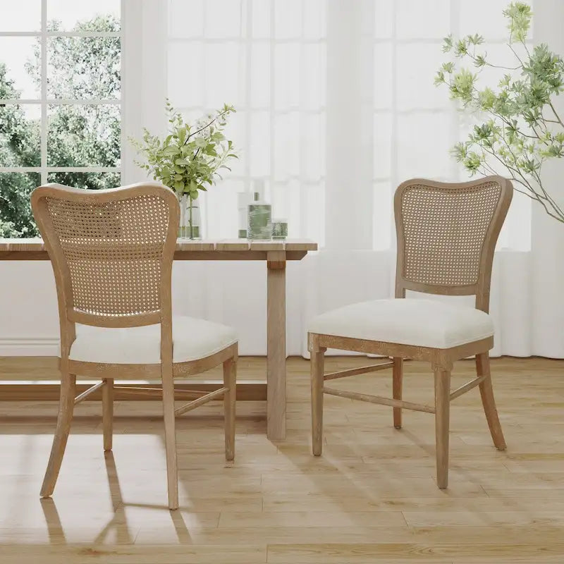Chaises de salle à manger de style maison de campagne en hévéa avec dossier en rotin (ensemble de 2)