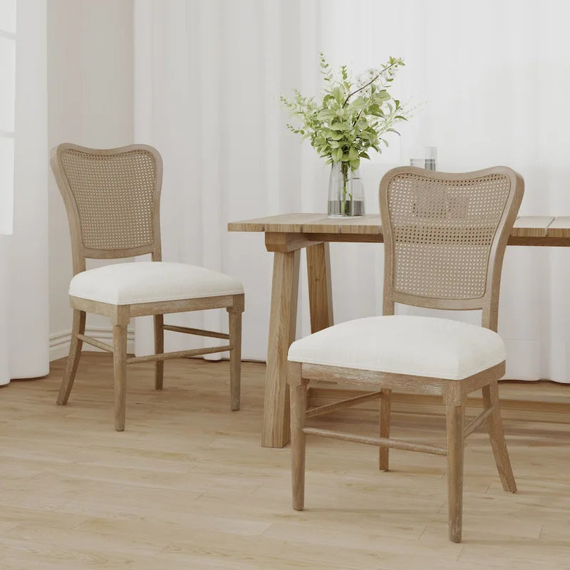 Chaises de salle à manger de style maison de campagne en hévéa avec dossier en rotin (ensemble de 2)