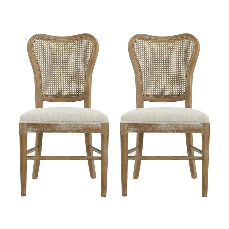 Farmhouse Rubberwood Dining Chairs with Rattan Backrest (Set of 2)